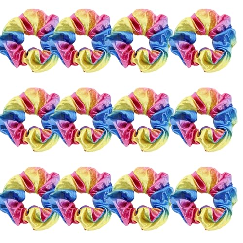 7 Pcs Shiny Metallic Cheer Dance Colorful Party Favor Hair Scrunchies School Performance/Sports/Practice/Party Sparkling Color Ponytail Holder Wrist for Girls Cosplay Show (Sets of 12 Rainbow Color)