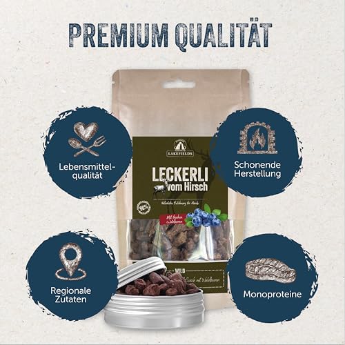 Lakefields Hundeleckerli | Trockenfleischwürfel vom Wild | 50g | 90% Hirschfleisch | Getreidefreie Hunde Snacks mit Kartoffeln & Waldbeeren | Knusprige Belohnung für Zwischendurch | Ohne Zusätze