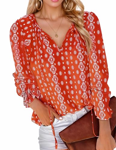 Womens Boho Floral Printed Blouse Dressy Tops Drawstring Casual V Neck Lantern Long Sleeve Shirts