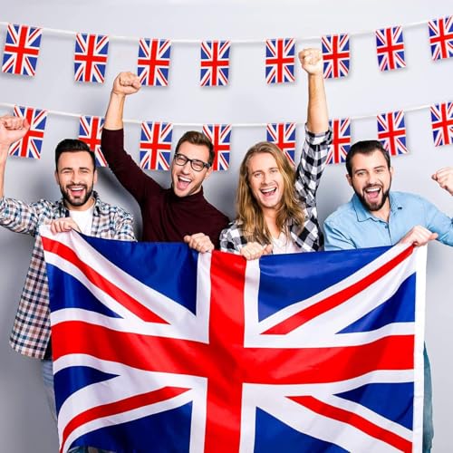 Image of AhfuLife 30 Pcs Union Jack String Flags for VJ-Day 80th Anniversary Decorations, Small British Flag Bunting Banner- Double Sided for Street Garden Football Party Decor (5.5x8.3 Inch -33 Ft)