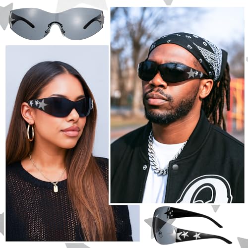 Y2K Sunglasses for Women Men Trendy Shield Wrap Around Sun Glasses Large Rimless Star Sunglasses3