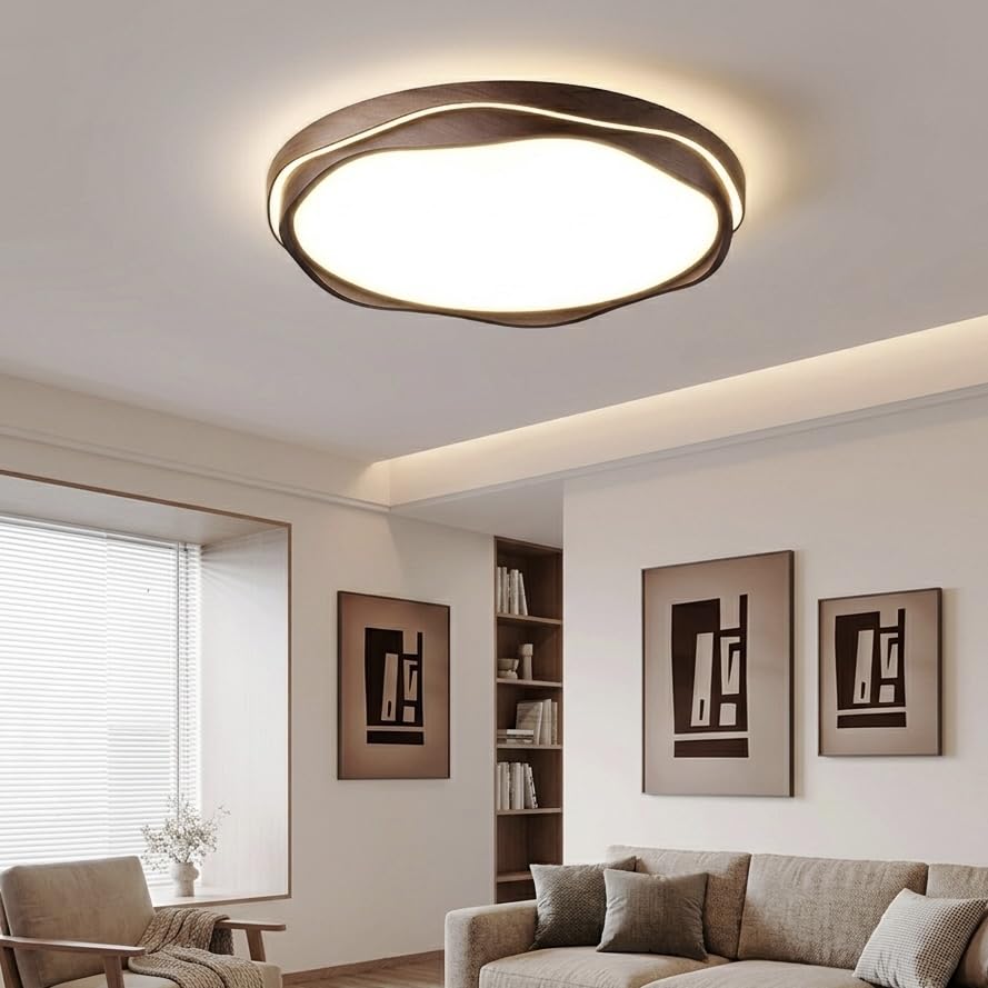 Image of 3C LED Ceiling Light, Modern Designer Ceiling Lamp with Round Wave Frame Design for Bedroom, Living Room, Hall & Home Decor|Walnut-Wood