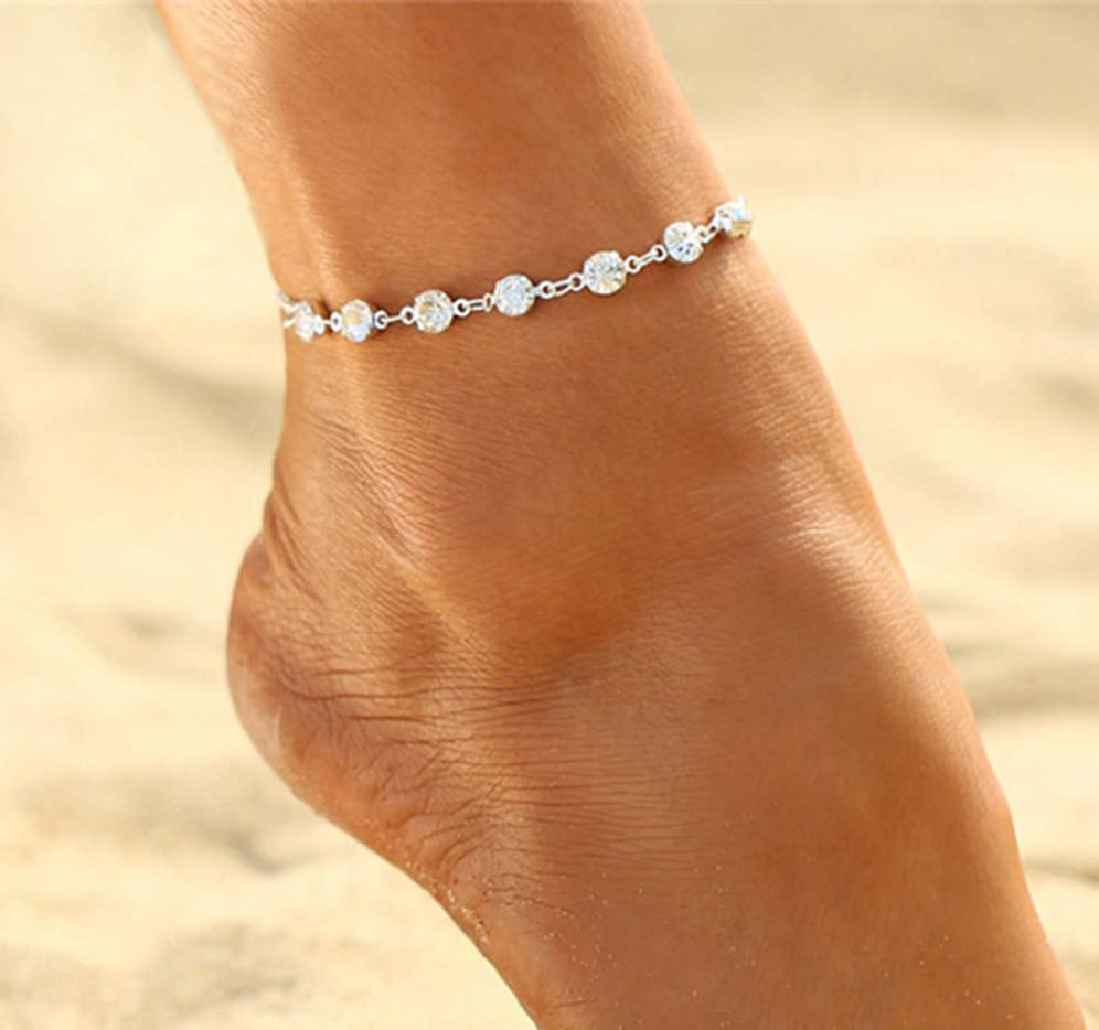 Boho Anklet Crystal Anklet Bracelets Silver Foot Chain Jewelry for Women and Girls