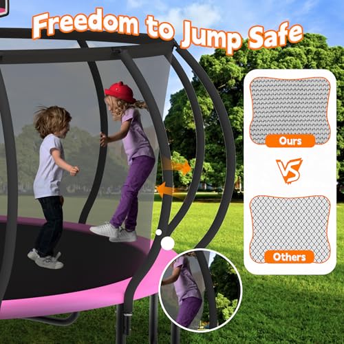 DeepRoar Tranpoline 8/10/12/14/15/16FT Pumpkin Tranpoline for Kids, Heavy Duty Outdoor Tranpolines with Basketball Hoop, Safety Enclosure Net, Light, Sprinkler, Socks, ASTM Approved