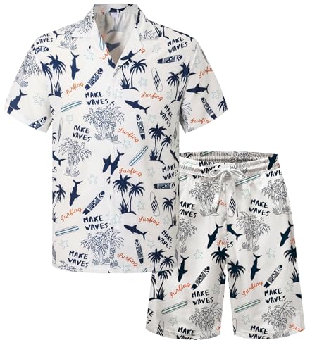 Image of Cromoncent Boy and Men Hawaiian Outfits Short Sleeve Shirts and Shorts Hawaiian Suits Beach Tropical 2 Pcs Vacation Sets