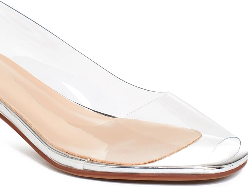 Women Clear Low Kitten Heels Pumps Shoes Round Closed Toe Slip On Transparent Sandals Open Peep Toe Chunky Block PVC Heels Crystal Pumps Office Wedding Party Dressy Summer Chic 4-11 M US
