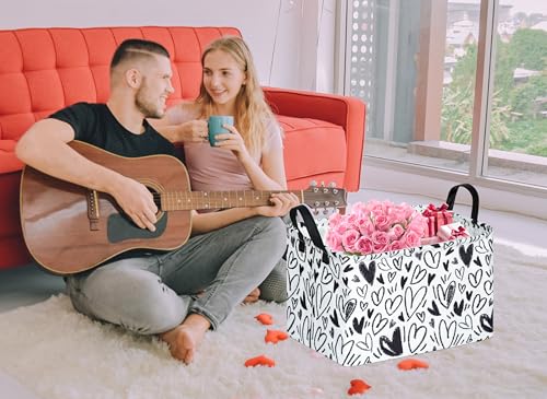 Image of Valentine's Day Gift Basket Rec Black Heart Print Box Hamper Storage Basket Collapsible Organizer Bin Gift Shelf Baskets for Home and Kitchen
