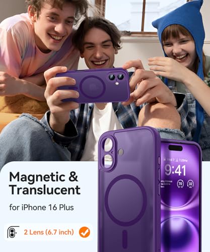 Image of CANSHN Magnetic for iPhone 16 Plus Case, Upgraded [Full Camera Protection] [Compatible with Magsafe] [Translucent Matte] Shockproof Protective Phone Case for iPhone 16 Plus - Deep Purple