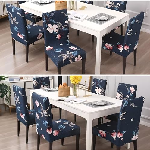 Image of Stretchable Dining Chair Cover - Washable, Removable, Anti-Slip, Protector, Universal Fit (Set of 4, Blue Floral)
