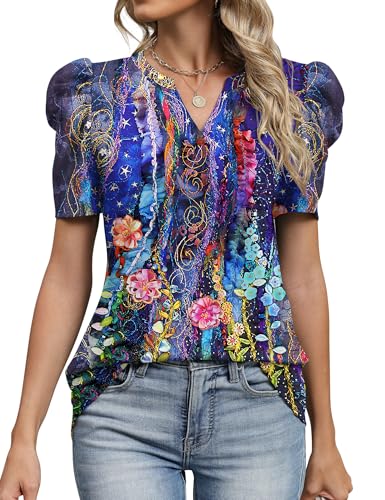 Image of LOMON Spring Summer Tops for Women 2026 V Neck Puff Short Sleeve Tops Fashion Trendy Work Blouses Dressy Casual S-XXL