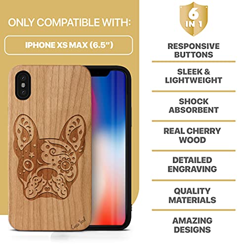 Caseyard Wood Phone Case For Iphone Xs Max Laser Engraved Bulldog Design Cherry Wood Compatible Iphone Case Protective Shockproof Slim Fit Cell Phone Cover For Men & Women #TOP6