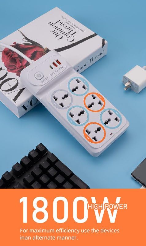 Image of Power Strip with 6 Universal Sockets with Child Security + 2 USB Ports + 1 Type-C Port, High Temperature Fuse Protector, 1800W with 2 Meter Cable(2 USB 6 Plug New White)