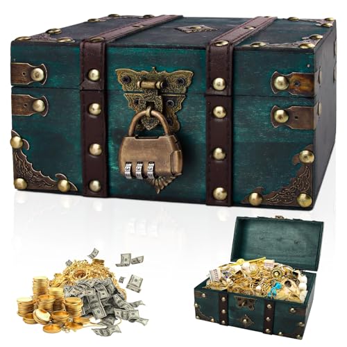 Coffre au Trésor Vintage en Bois 18x11x10 cm - Coffret Pirate Enfant avec Serrure à Combinaison, Boîte à Bijoux & Tirelire - Cadeau Fait Main...