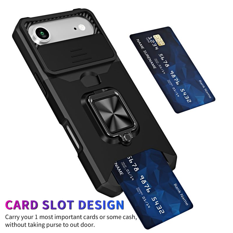 Image of LuxuryKase Shockproof Armor Case for iPhone Air | Slide Camera Cover | Hidden Card Slot | Rotating Ring Kickstand | Magnetic Car Mount Support | Military Grade Protection - Black