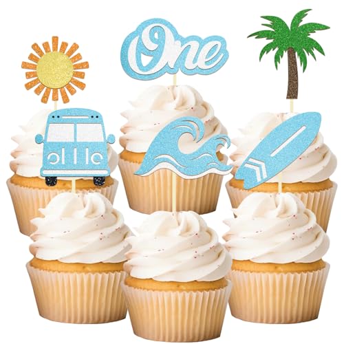 24 Pack The Big One Surfing Theme First Birthday Cupcake Toppers Summer 1st Birthday Party Decorations Picks for Summer Beach Party Supplies (1st Birthday)