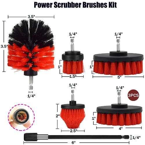Image of 8 Pack Drill Brush Attachment Set, 1 /4in Power Scrubber Brush + Extend Long Rod, Multi-Purpose Power Cleaning Scrub Brush for Bathroom, Tub, Tile, Corner, Floor(Red)