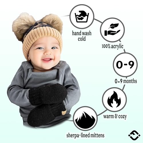 Funky Junque Baby Pom Beanie & Fleece Mittens Set - Warm Winter Essentials - Spring Colors, Classic Neutrals, Pattern Styles2