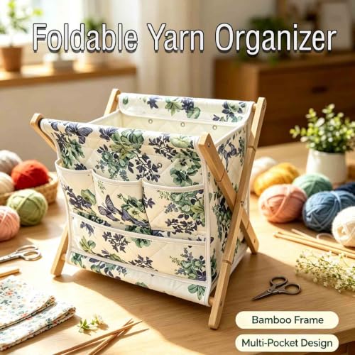 Image of Gkesgm Yarn Caddy Organizer with 6 Thread Holes | Bamboo Quilted Padded Knitting Storage Basket for Crochet Hooks, Knitting Needles, and Craft Accessories