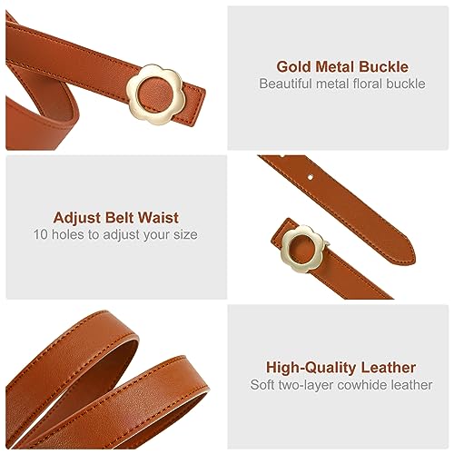 NPET Womens Leather Belt Skinny Waist Belt for Women Dresses Jeans Pants Fashion with Gold Buckle 2 Pack （Brown Black White）3