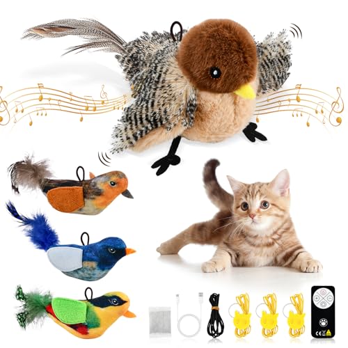 4 Pz Giochi Interattivi Uccellino Che Vola per Gatti, Gioco Uccellino per Gatto Che Si Muove e Vola, Giocattolo Gatto Uccello Che Sbatte con 3 Giochi Uccelli Piccoli, Chirping Flapping Bird Toy Cat