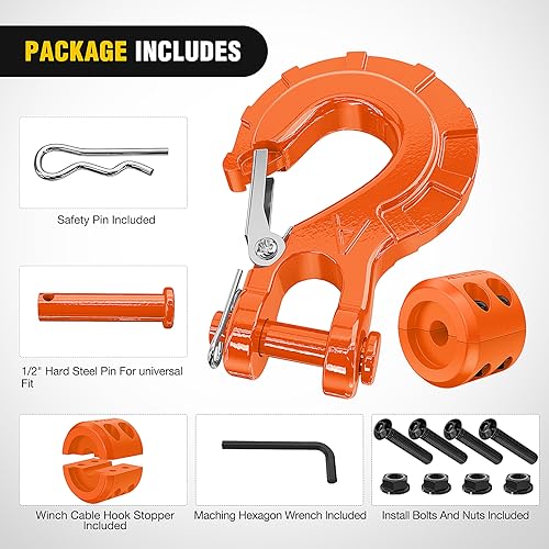 Image of Nilight 3 /8 inch Grade 70 Heavy-Duty Winch Hook with Cable Stopper - 35,000 LBS Drop-Forged Steel Clevis Hook for ATV, Jeep, Trailer Winch Recovery w /Spring Latch, Clevis Pin & Rubber Stopper, Orange
