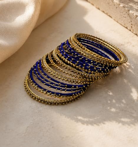 Image of NMII Non-Precious Metal with Base Metal and Zircon Gemstone Studded Ball Chain Linked Glossy Finished Silk thread Bangle set for Women and Girls