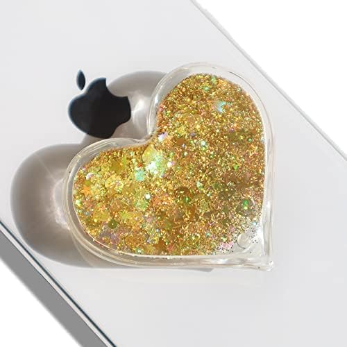 GRIPONG Cute Heart Shape Quicksand Glitter Expandable Collapsible Mobile Phone Grip Stand Holder for Smartphone Tablet Cell Phone Accessory (Gold Sparkle Quicksand)