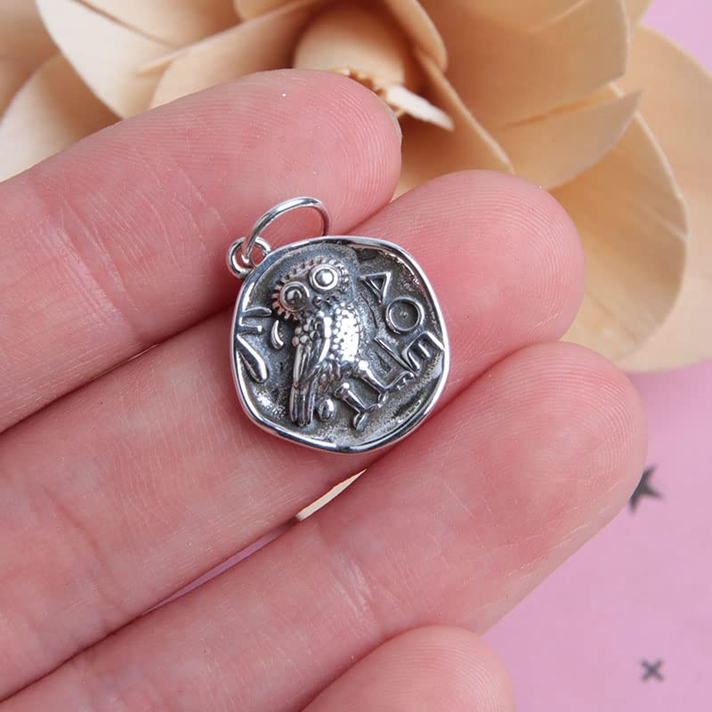 Acxico 1Pcs Sterling Silver Ancient Owl Coin Organic Round Small Charm Pendant Unique2