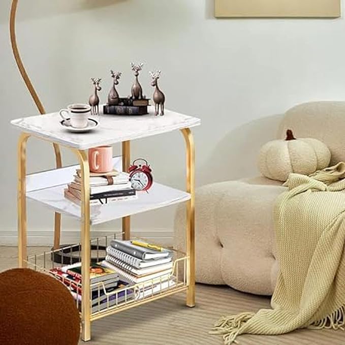 RELEMTRA Metal Small End Table, Slim Side Table for Small Space, Farmhouse Narrow Sofa Side Table W/Shelf and Drawer, Small Nightstand Bedside Table for Living Room, Bedroom