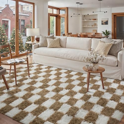 HUGEAR Tapis Salon Shaggy Damier Tapis Chambre Adulte Fille Doux Moelleux Descente de lit AntidéRapant Moderne Grand Tapis Marron Blanc Poudré 160×230cm...