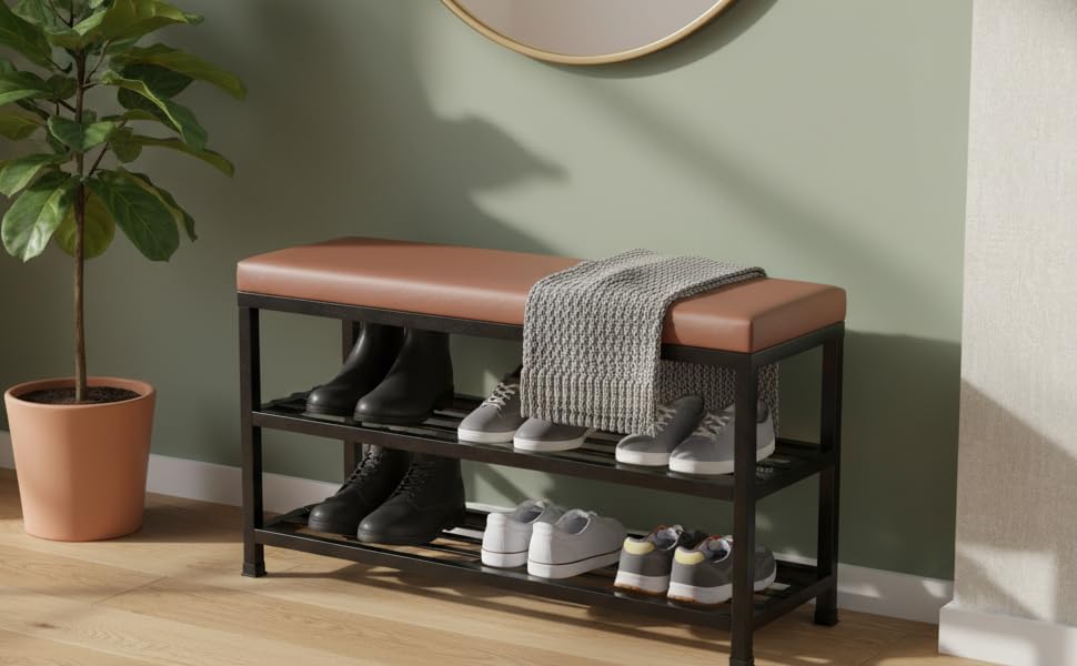 Metal Shoe Rack Bench for Entryway | 2-Tier Shoe Organizer with Comfortable Cushion | Multipurpose Hallway Storage Furniture (Black, Heavy Duty Steel) 2