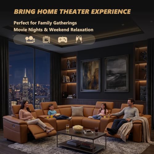 Image of Caramel Power Reclining Sectional Sofa with Cup Holders /Storage, 4 Seater | L-Shaped Recliner Couch with USB Charging /Storage, Home Theater Seating, Leather Furniture for Living Room, House, Apartment