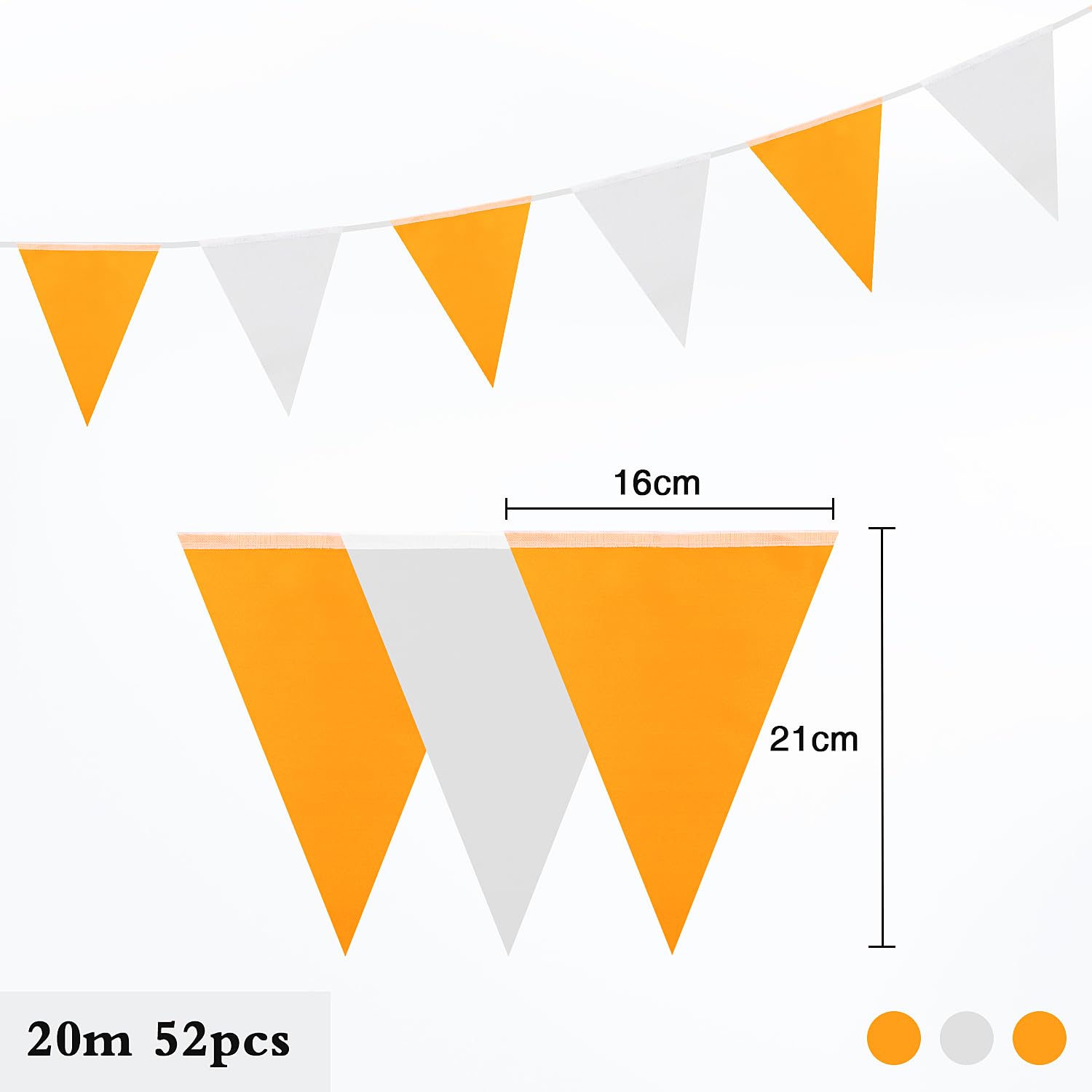 Banderines naranja y blanco, 20 m, 52 unidades, banderines de fiesta para fiesta de cumpleaños, boda, festival, decoración interior y exterior