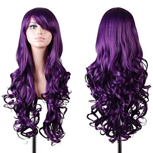 28" Natural Full Wigs Hair Long Wavy Wig Synthetic Heat Resistant Ombre Silver Gray Full Curly Wig with Free Wig Cap for