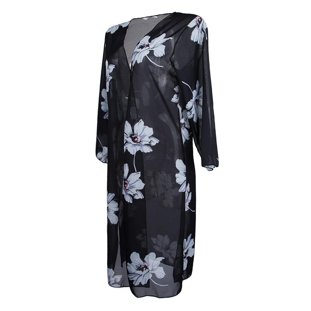 CALANDIS™ Floral Prints Chiffon Kimono Cardigan Beachwear Top Bikini Cover Up Black M | Womens Clothing-image-32