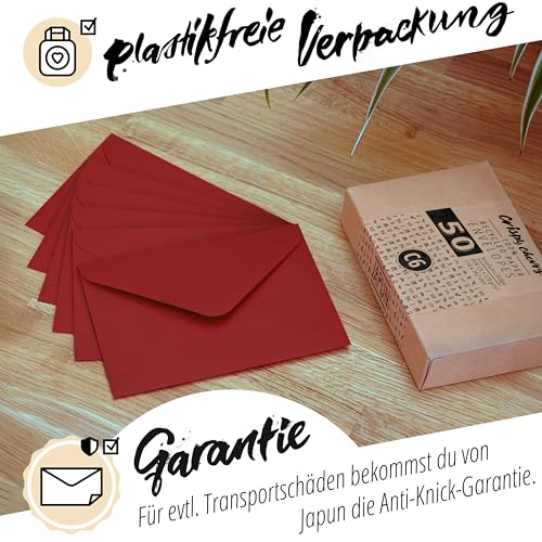 Japun – Briefumschläge (50 Stück) aus Papier, Kuvert, Umschlag ohne Fenster - DIN C6-162 x 114 mm - rot