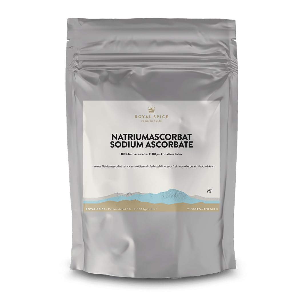 Royal Spice Ascorbato de sodio E301 250 g – Antioxidante puro y aditivo alimentario – Ascorbato de sodio en polvo para salchichas, salazón seco – Vegano y sin aditivos