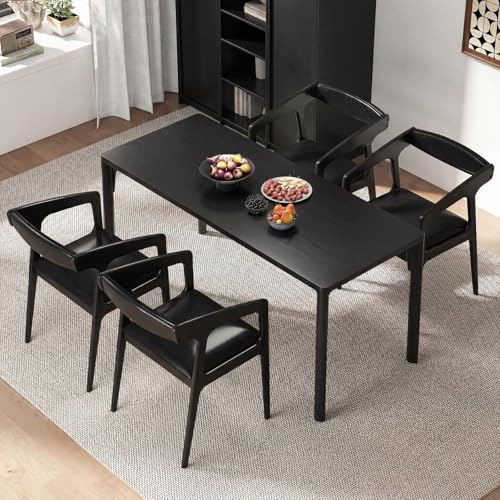Image of COSTWAY Dining Chairs with Arms Set of 2, Mid Century Modern Wooden Accent Chairs with Faux Leather Seat & Padded Backrest, Kitchen Side Armchairs for Living Dining Reading Room, Black & Black