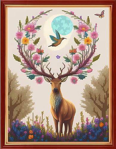 Image of Dimensean Stamped Cross Stitch Kits Full Range of Embroidery Patterns Starter Kits for Beginners Adult DIY Cross Stitches Needlepoint Kits 11CT-Flower Elk 15.7x19.7 inch