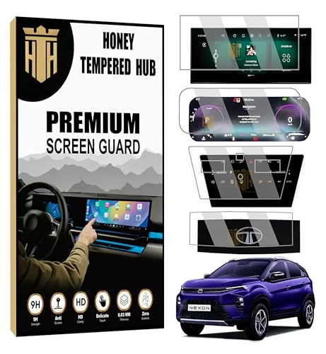 HONEY TEMPERED HUB (4 PACK) Screen Guard For TATA NEXON 2026 FACELIFT - 10.25 INCH INFOTAINMENT (Thin Corners) + 10.25 INCH INSTRUMENT CLUSTER + DIGITAL STEERING + AC CONTROL PROTECTOR / Fit for PURE PLUS/ PURE PLUS S / SMART+S CNG/ Anti Scratch Car TouchScreen Display Guard | New TataNexon 2026 Accessories [Not Tempered Glass] (NEXON 20206-4)
