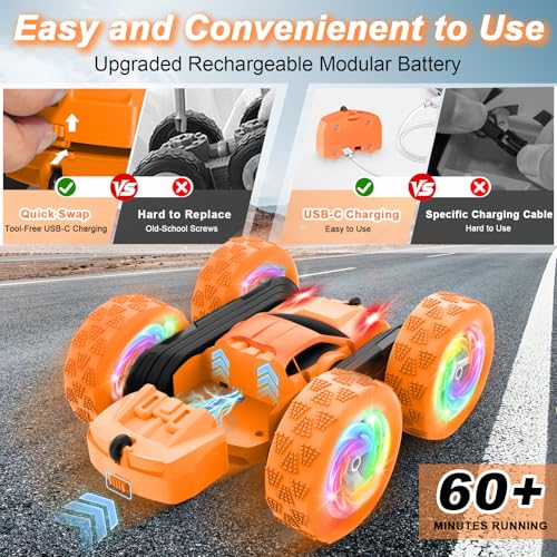 Image of Remote Control Car, Outdoor Toys RC Cars for Kids Ages 6-12, 4WD Double Sided Stunt Vehicle with Upgraded USB-C Modular Batteries, 5 6 7 8 9 10+ Year Old Boy Birthday Orange