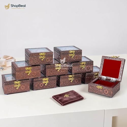 Image of Handcrafted Wooden Jewellery Box Copper Oxidised Finish (4 x 4 inch) - Pack of 10 | Pichwai Cow Design Jewellery Organiser | Storage Wooden Box for Women Puja Festive Gifting | Sacred Teal