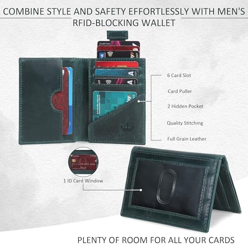 Bbelleco Genuine Leather Slim Wallet | RFID Blocking Skinny Minimal Thin Front Pocket Wallet Sleeve Card Holder for Men | 10 Card Slots, 1 ID Window, 3Card Puller, 2 Hidden Pocket (Green)4