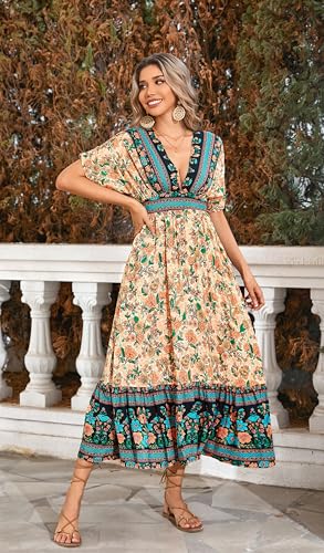 Image of R.Vivimos Women's Boho Floral Print Midi Dress with Pockets