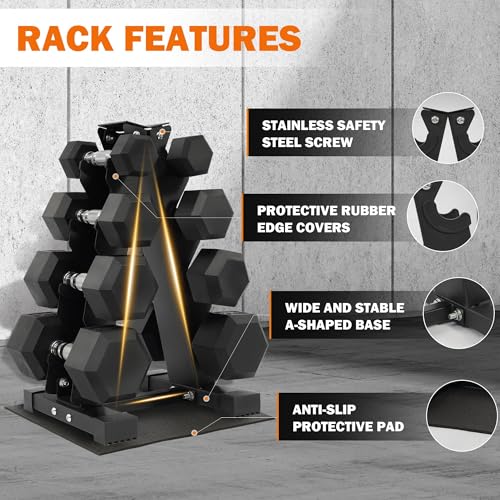 Image of Fitvids 100 LB Rubber Coated Hex Dumbbell Set with Storage Rack, 5-25LB Hand Weight Set with Anti-Slip Grip for Home Gym