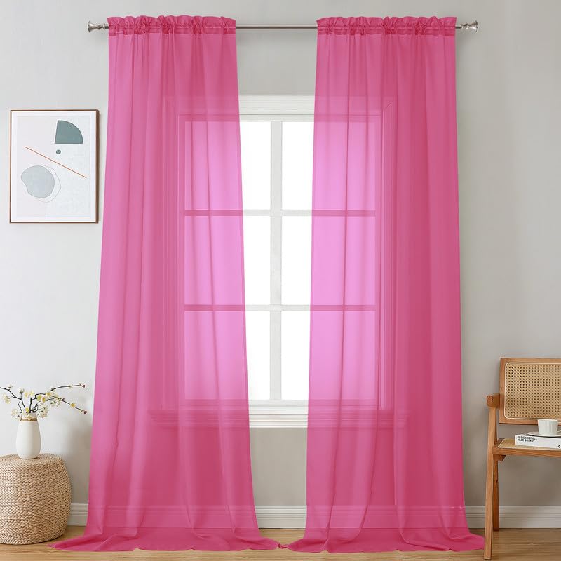 Image of OVZME Hot Pink Sheer Curtains 96 Inches Long 2 Panels - Soft Light Filtering Window Sheer Panels for Living Room /Bedroom, Top Dual Rod Pocket, 1 Pair, Each 42Wx96L Inches