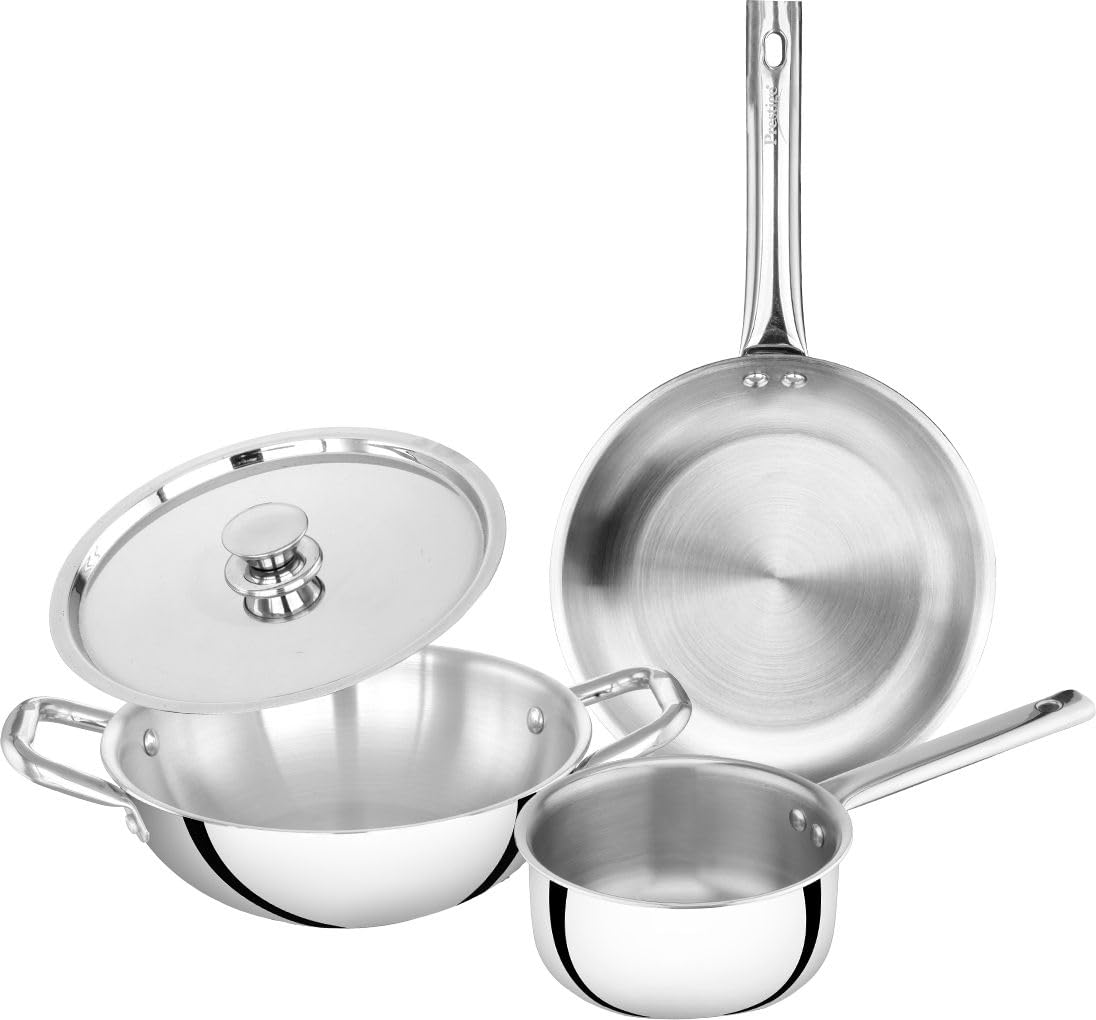 Prestige Triply Splendid BYK 4-Piece Cookware Set | Fry Pan (22cm), Sauce Pan (14cm), Kadai (22cm) & Stainless Steel Lid | Induction & Gas Compatible-image-1