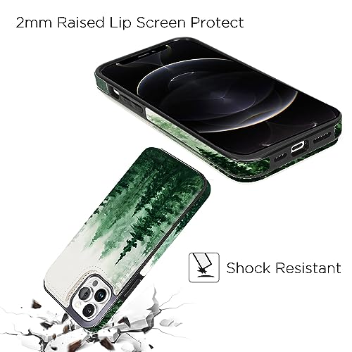 Image of uCOLOR Compatible with iPhone 12 /12 Pro 6.1 Inch Wallet Case with Card Holder, Folio Flip PU Leather Kickstand Card Slots Design Case, Double Magnetic Clasp and RFID Blocking Cover 6.1 inch(Green Forest)