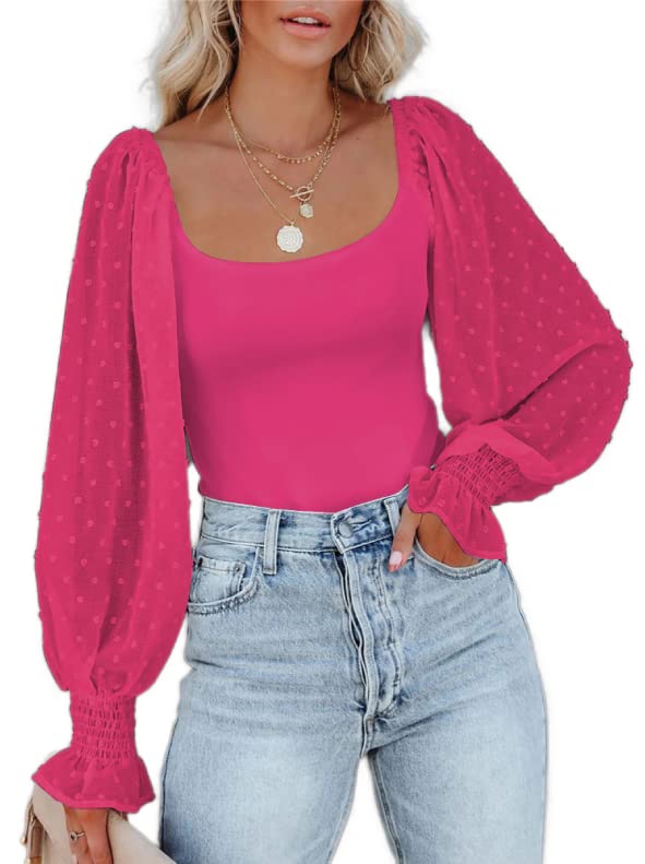 ZeagooWomen's Square Neck Puff Long Sleeve Bodysuit Off Shoulder Leotard Sheer Polka Dot Sleeve Top