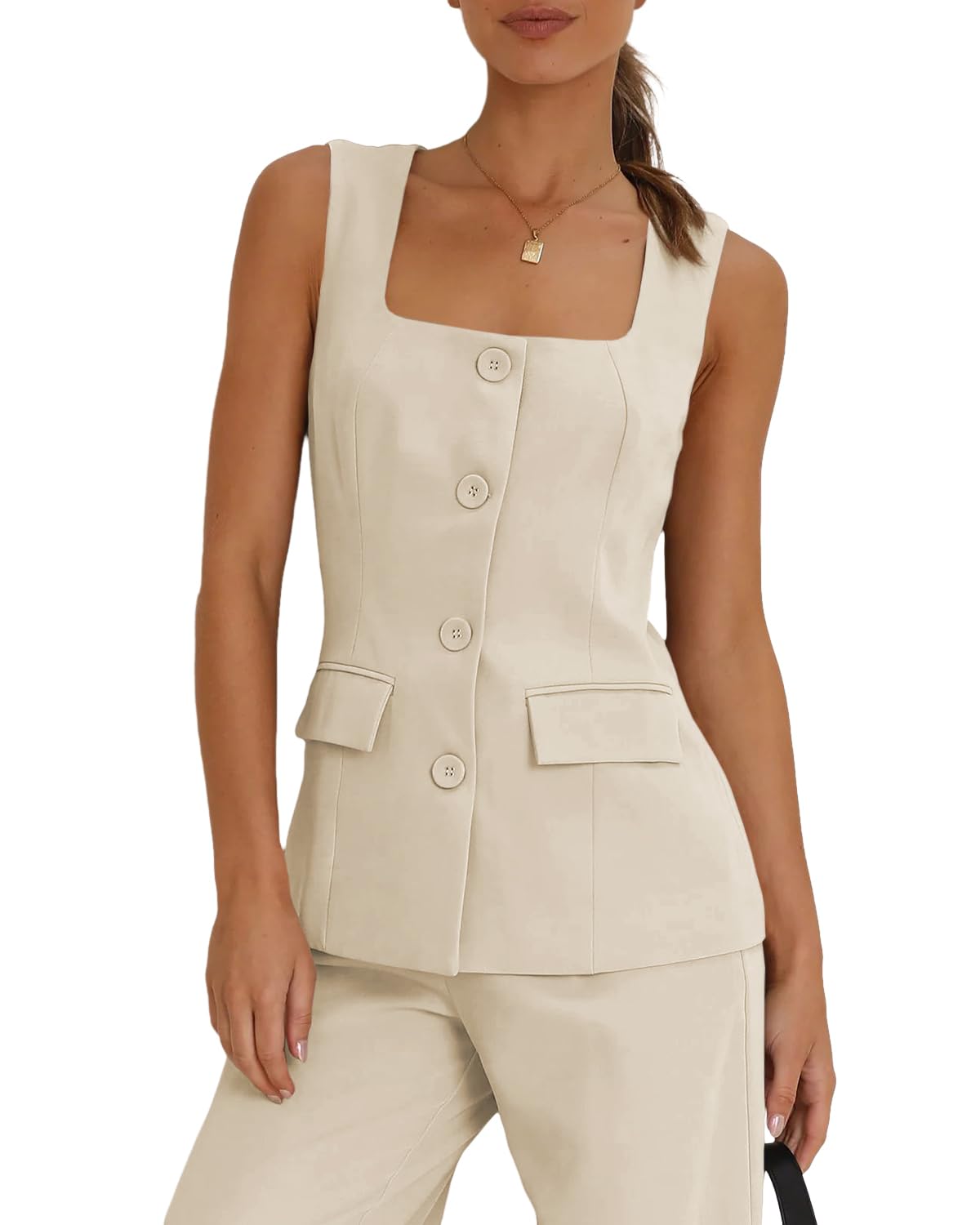 tankaneo Women's Single Breasted Vests Square Neck Sleeveless Slim Fitted Work Office Waistcoats-picture-49